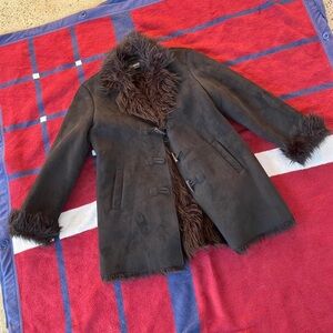 Y2k 90s afghan Faux fur trim suede like coat stylish Style & co petite overcoat